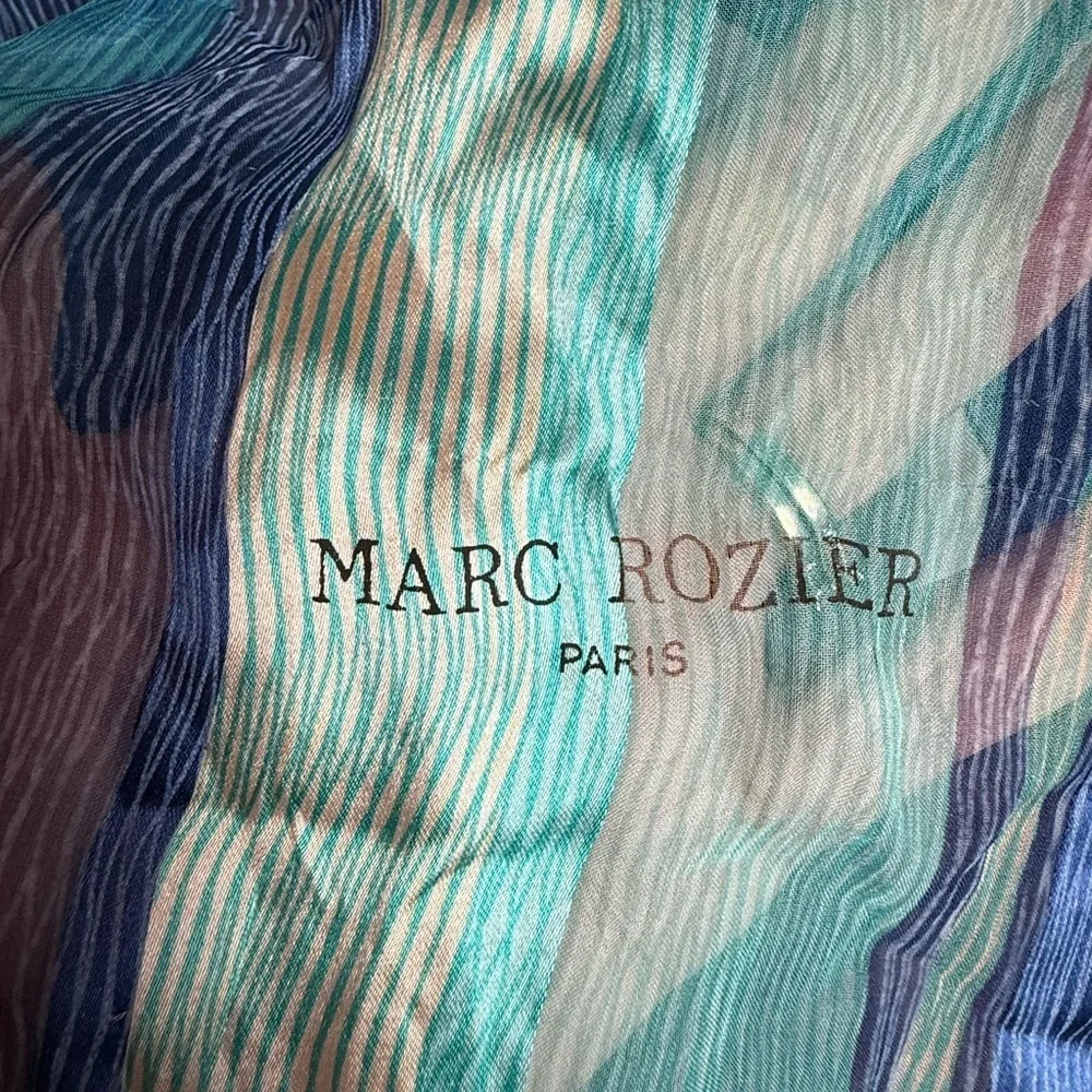 Marc Rozier Paris France Vintage 100% Sheer Silk Scarf 15x52 Turquoise & Blue